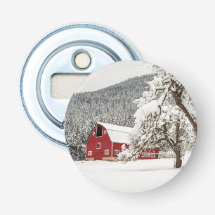 Fresh snow on red barn bottle opener