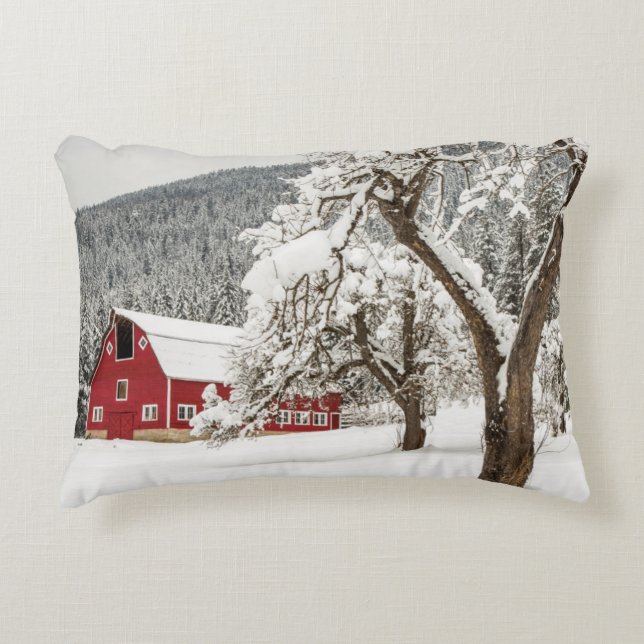 Fresh snow on red barn decorative cushion (Front)