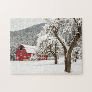 Fresh snow on red barn jigsaw puzzle