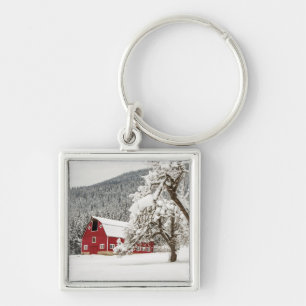 Fresh snow on red barn key ring