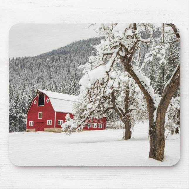 Fresh snow on red barn mouse pad (Front)