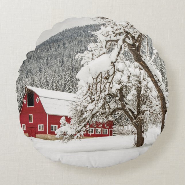 Fresh snow on red barn round cushion (Front)