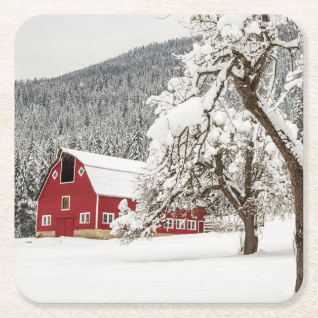 Fresh snow on red barn square paper coaster (Front)