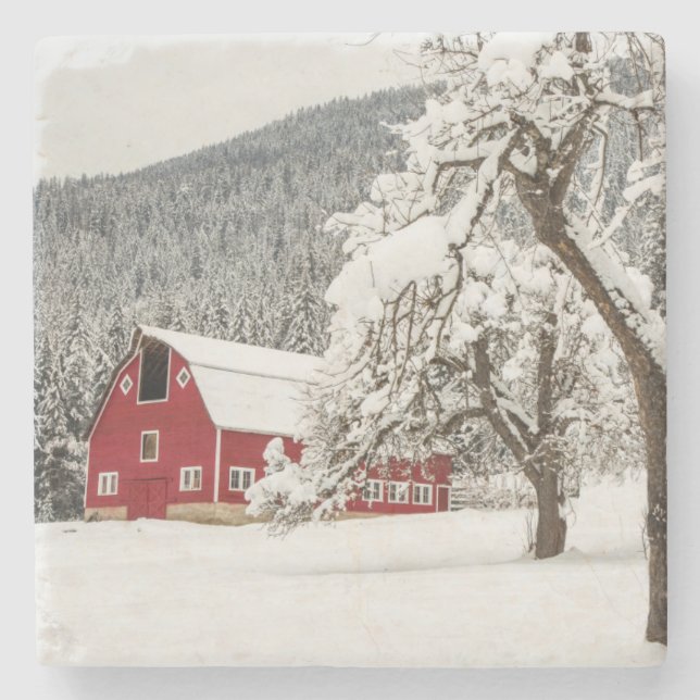 Fresh snow on red barn stone coaster (Front)