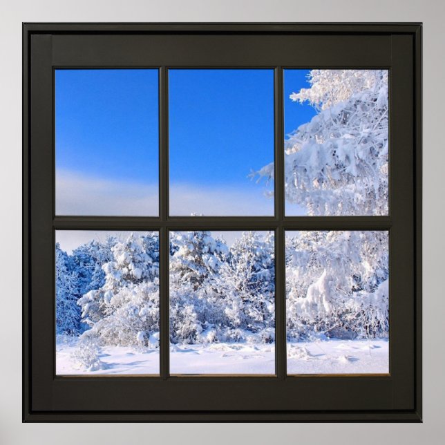 Fresh Snow Scene 24x24 Black Faux Window Poster (Front)