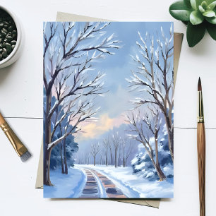 Fresh Snowfall   Winter Road Watercolor Nature Postcard