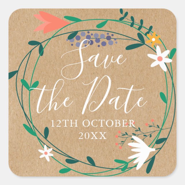 Fresh Spring Floral Garland Save the Date Square Sticker (Front)