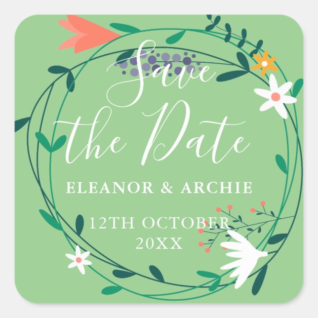 Fresh Spring Floral Garland Save the Date Square Sticker (Front)