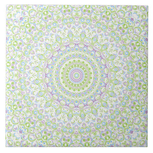 Fresh Spring Mandala in Green, Blue, and Lavender Ceramic Tile