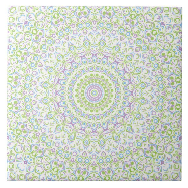 Fresh Spring Mandala in Green, Blue, and Lavender Ceramic Tile (Front)
