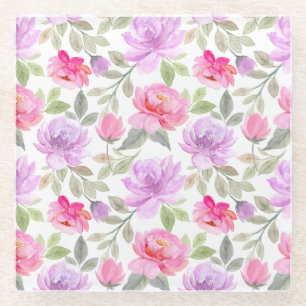 Fresh Spring Vibe: Pink and Purple Floral Design Glass Coaster