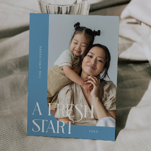 Fresh Start New Year Denim Blue Curved Frame Photo Holiday Card