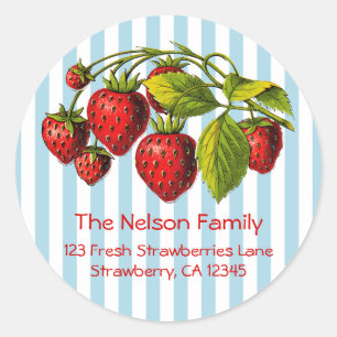 Fresh Strawberries Blue Stripes Classic Round Sticker