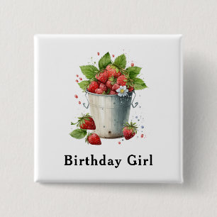 Fresh Strawberries in a Bucket Birthday Girl 15 Cm Square Badge