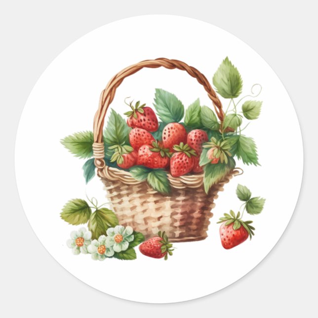 Fresh Strawberries in a Wicker Basket Classic Round Sticker (Front)