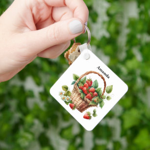 Fresh Strawberries in a Wicker Basket Key Ring