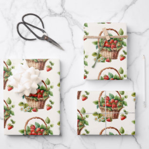 Fresh Strawberries in a Wicker Basket Pattern Wrapping Paper Sheet