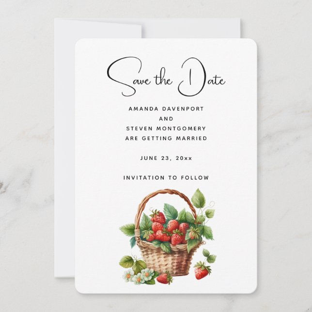 Fresh Strawberries in a Wicker Basket Save The Date (Front)