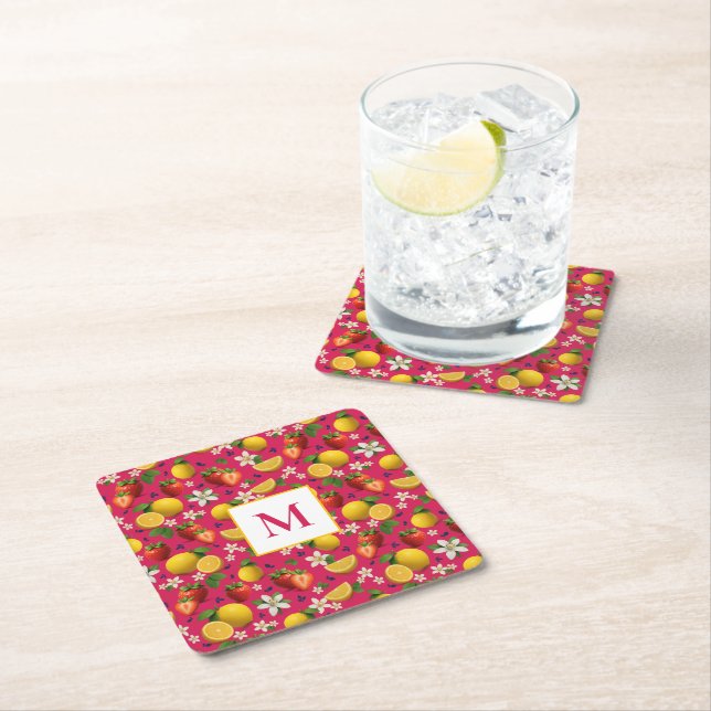 Fresh Strawberry and Lemon Pattern Square Paper Coaster (Insitu)