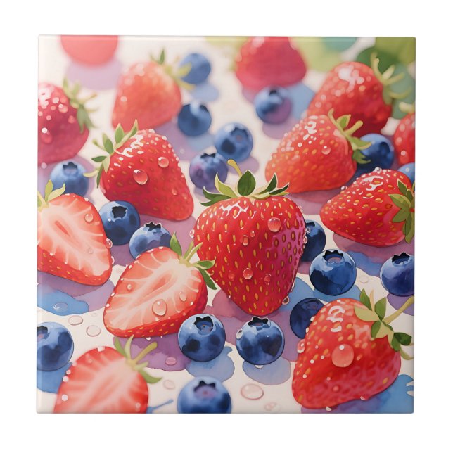 Fresh Strawberry Blueberry Burst Ceramic Tile (Front)