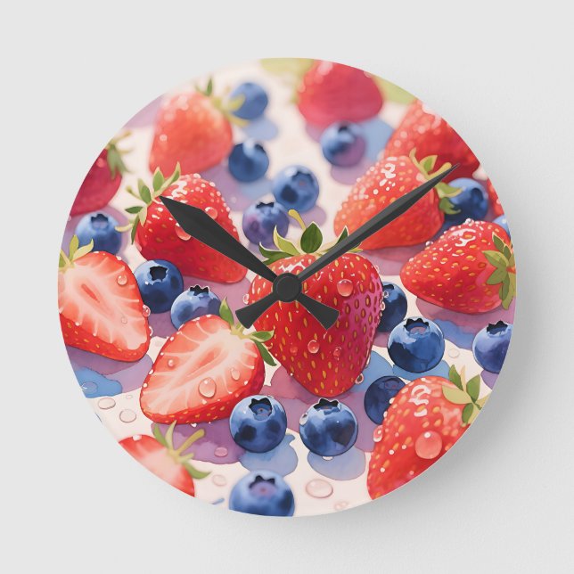 Fresh Strawberry Blueberry Burst Round Clock (Front)