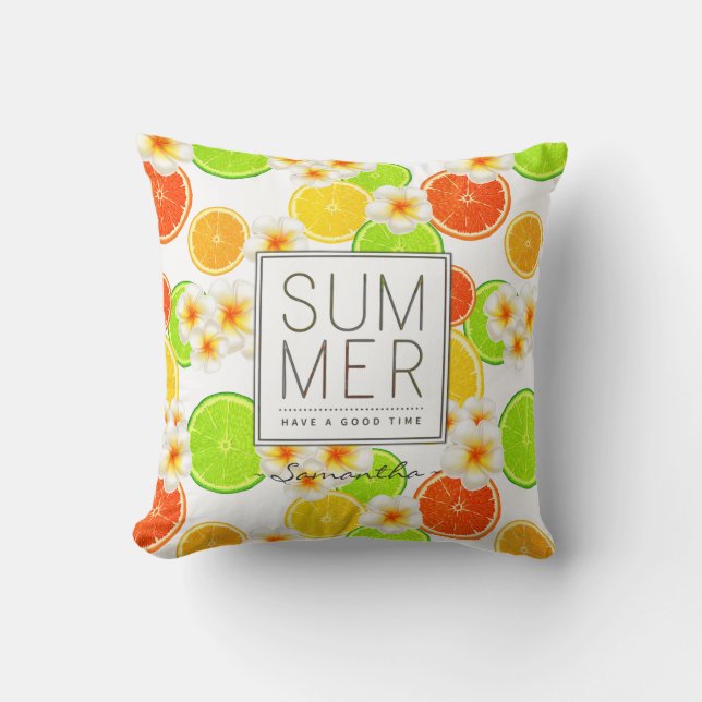 Fresh Summer Fruits and Exotic Plumeria Flowers Cushion (Front)