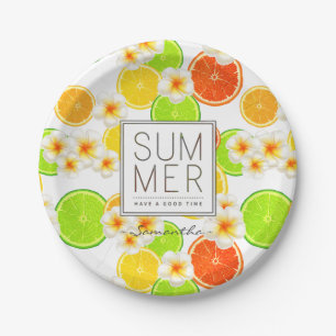 Fresh Summer Fruits and Exotic Plumeria Flowers Paper Plate