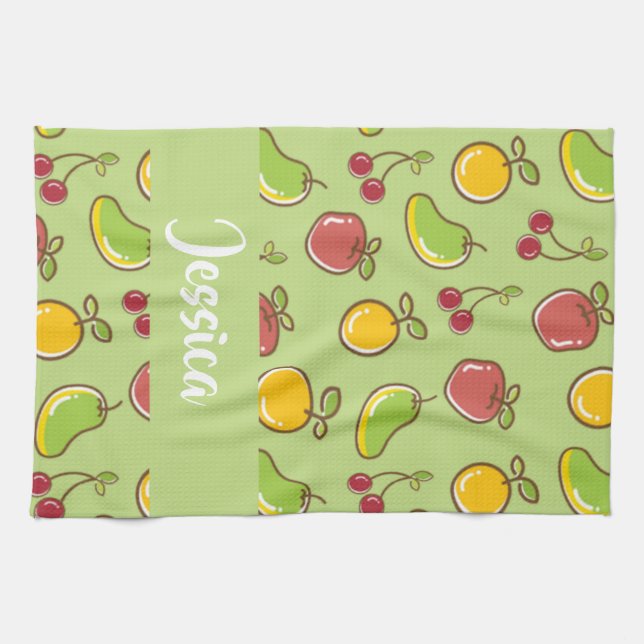 Fresh summer fruits green pattern tea towel (Horizontal)