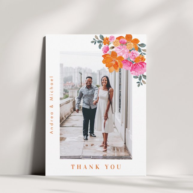 Fresh Summer Pink & Orange Floral Photo Wedding    Thank You Card (Creator Uploaded)