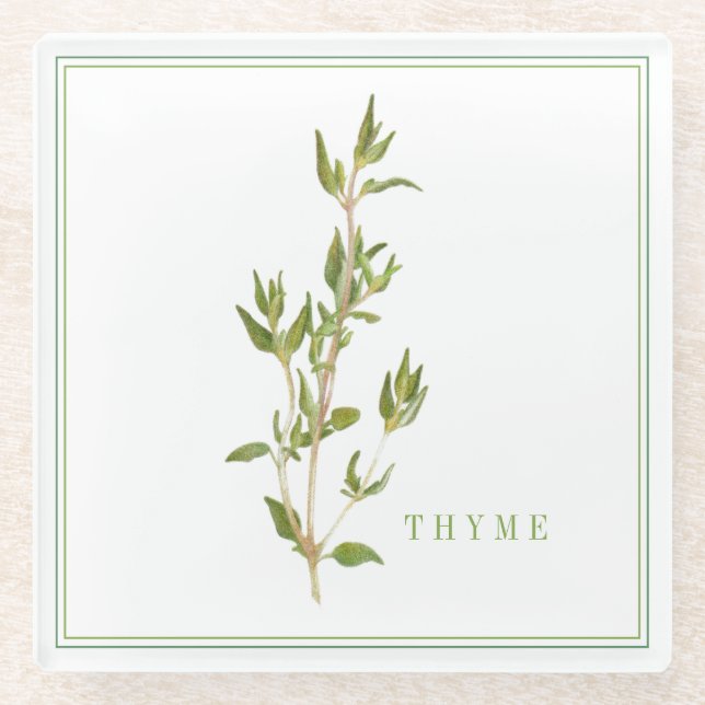 FRESH THYME Glass Beverage Coaster (+text) (Front)