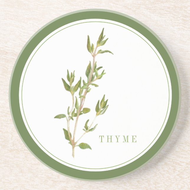 FRESH THYME Round Sandstone Coaster (+text) Green (Front)
