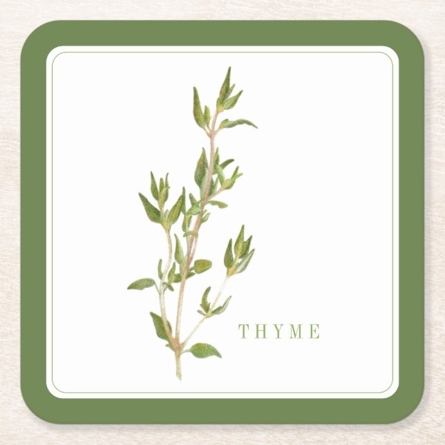 FRESH THYME Square Paper Coasters (+text) Green (Front)