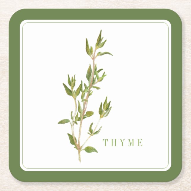 FRESH THYME Square Paper Coasters (+text) Green (Front)
