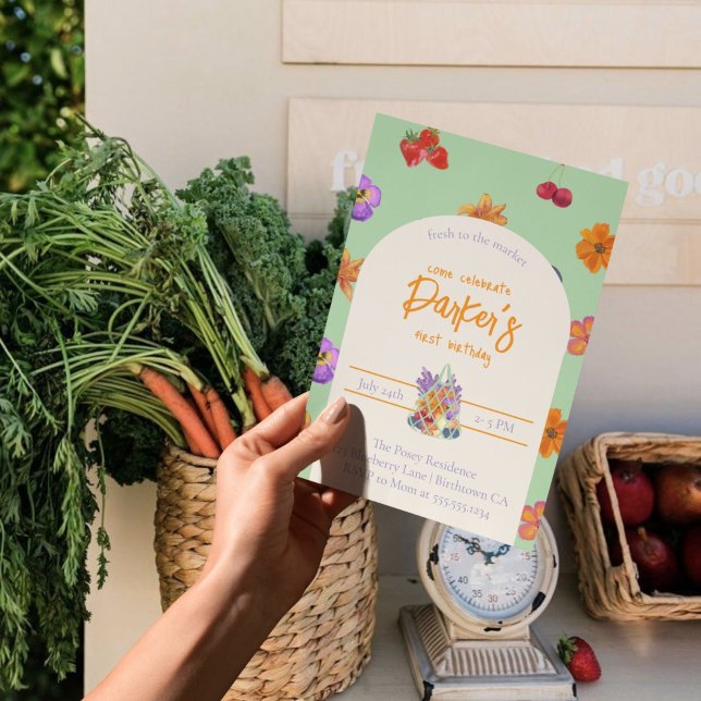 Fresh to the Market First Birthday Theme – Floral Invitation (Celebrate your little one’s first birthday with a fresh and vibrant theme!)