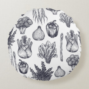 Fresh vegetables seamless pattern. Broccoli, carro Round Cushion