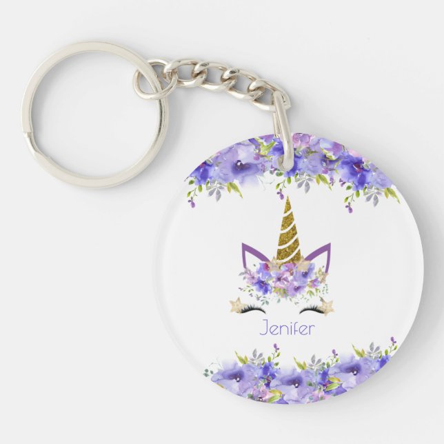 Fresh Violet Unicorn Birthday Decorations Key Ring (Front)