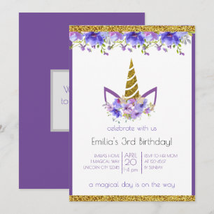 Fresh Violet Unicorn girl Birthday Invitation