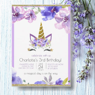 Fresh Violets   Unicorn Girl Purple Birthday Party Invitation