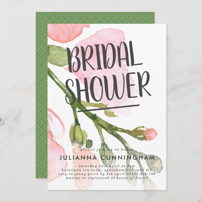 Fresh Watercolor Blooms Bridal Shower Invitation (Front/Back)