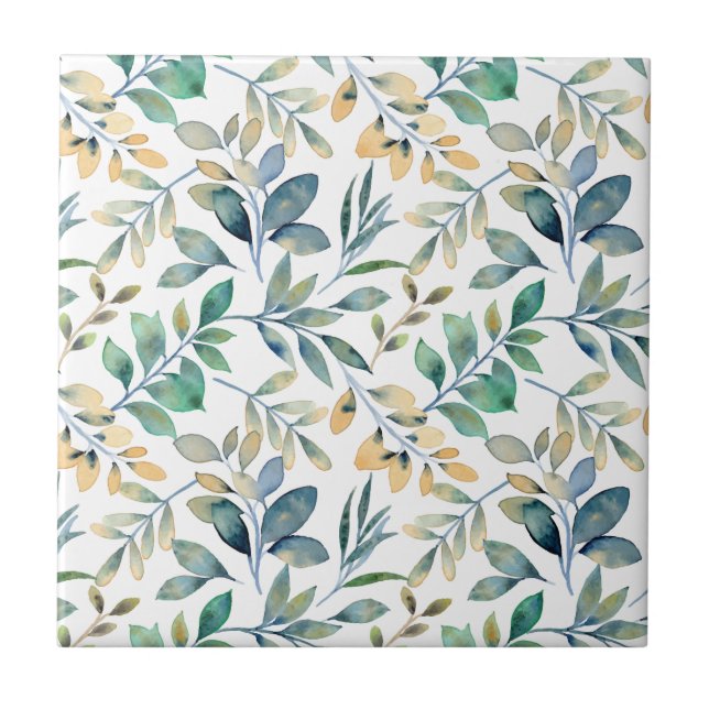 Fresh Watercolor Green and Yellow Leaf Pattern Ceramic Tile (Front)