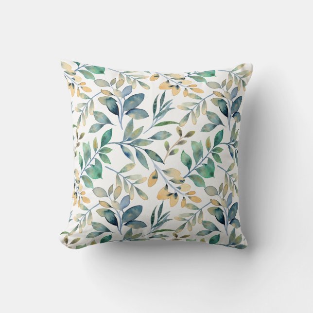 Fresh Watercolor Green and Yellow Leaf Pattern Cushion (Front)