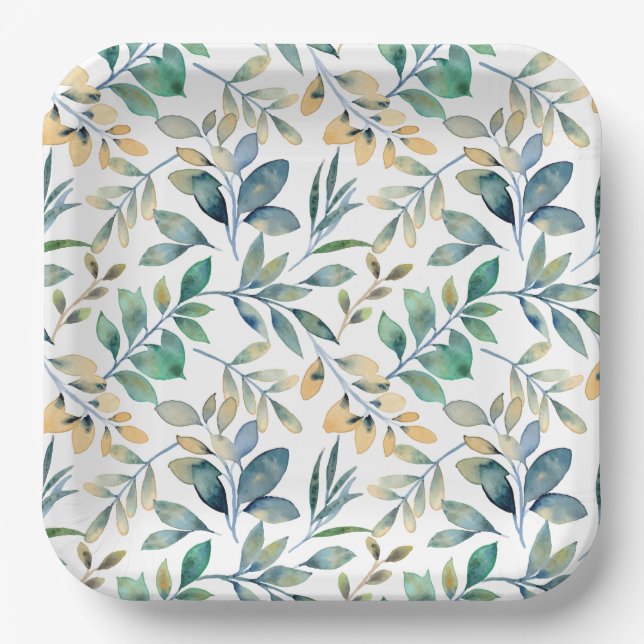 Fresh Watercolor Green and Yellow Leaf Pattern Paper Plate (Front)