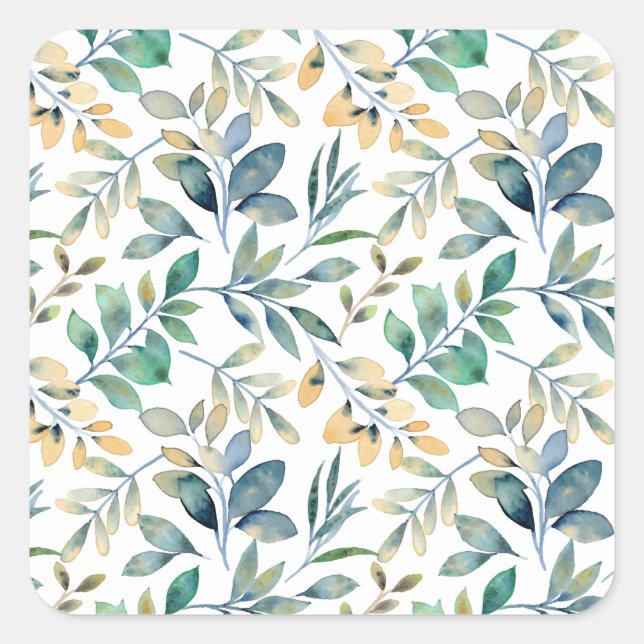 Fresh Watercolor Green and Yellow Leaf Pattern Square Sticker (Front)
