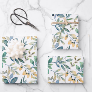 Fresh Watercolor Green and Yellow Leaf Pattern Wrapping Paper Sheet