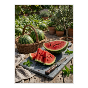 Fresh Watermelon Rustic Picnic Fruit Basket Fleece Poster