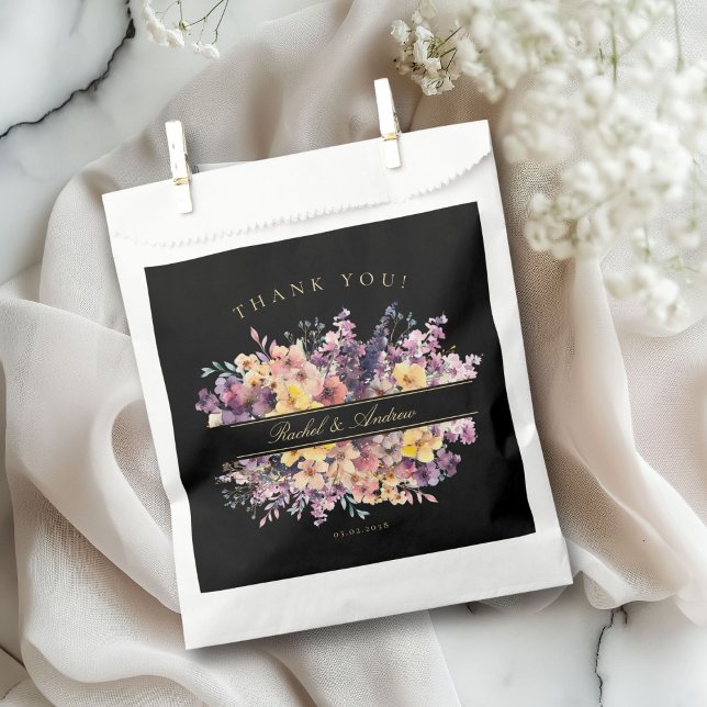 Fresh, wildflower bouquet, handwriting, wedding favour bag (Customer-Specific "Thank you!" Wedding Favor Bag with a wild-flower bouquet & scripted font.)