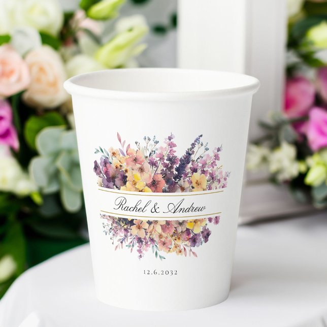 Fresh, wildflower bouquet, handwriting, wedding paper cups (Fresh, wildflower bouquet, handwriting, wedding paper cups with your names and date.)