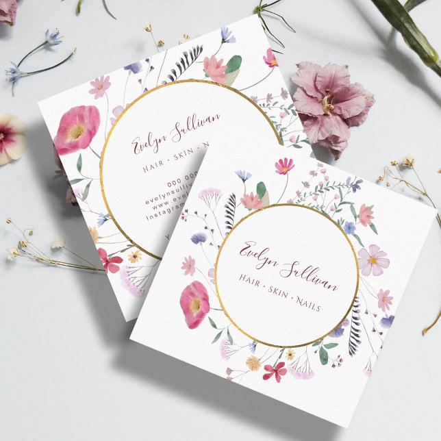 Fresh wildflowers gold circle business card (Creator Uploaded)