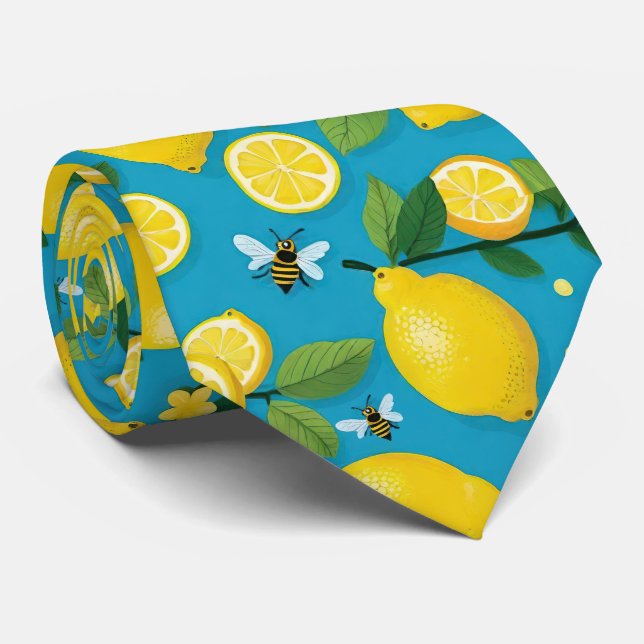 Fresh Yellow Lemons And Busy Bees Bright Tuquoise Tie (Rolled)