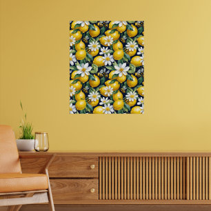 Fresh Yellow Lemons With Busy Bees & White Blooms Poster